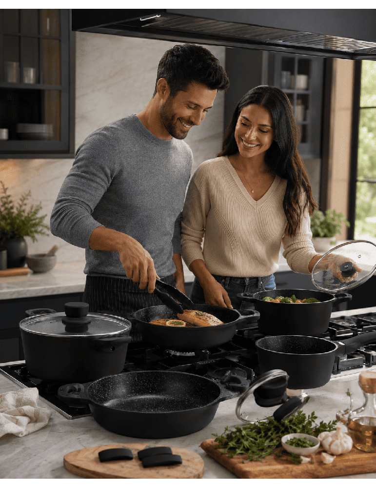Royalty Line RL-RS1014 BLACK - Batteria pentole e padelle 14 pezzi ant
