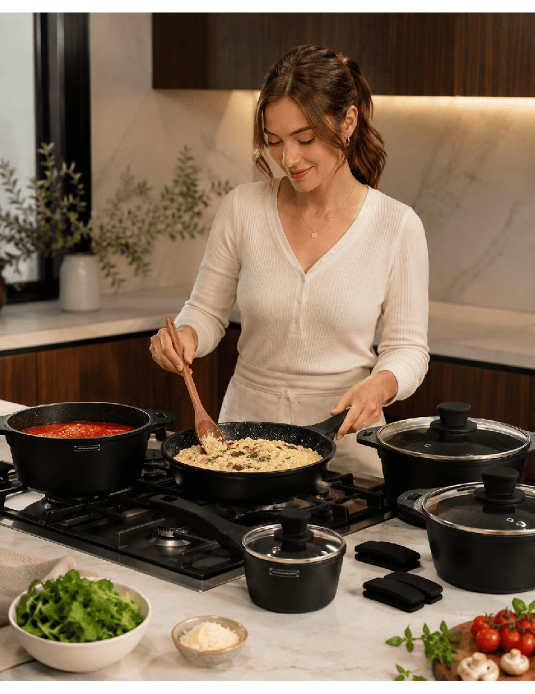Royalty Line RL-RS1014 BLACK - Batteria pentole e padelle 14 pezzi ant